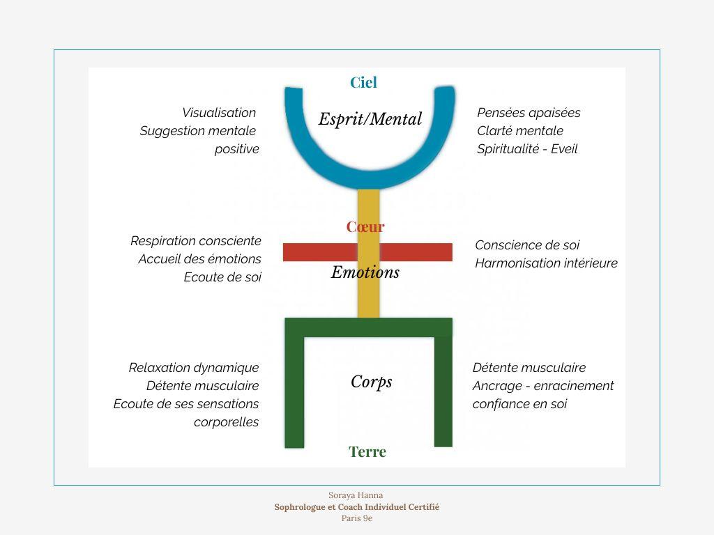 En sophrologie, un idéogramme chinois représente le concept de « l'homme total » vivant dans l'unité du corps, du cœur et de l'esprit, autrement dit l'homme debout en équilibre entre ciel et terre.