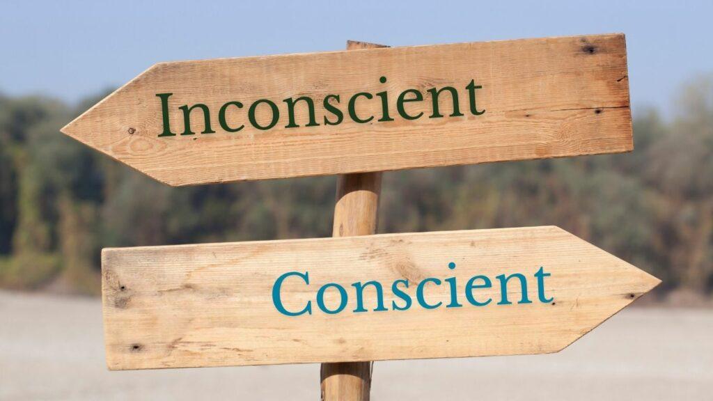 2 flèches en bois dans des sens opposées indiquant la direction de l'inconscient et la direction du conscient sur une route, interrogeant votre choix de ne plus subir les conséquences des traumatismes émotionnelles - méthode C.L.A.I.R.E